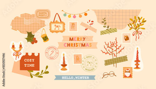 Cute Christmas scrapbook set with cozy festive elements. Candles, holly, candy cane, mail stamps, berries, gift, garland, tape, pice paper. For print, digital scrapbooking, journaling, planner