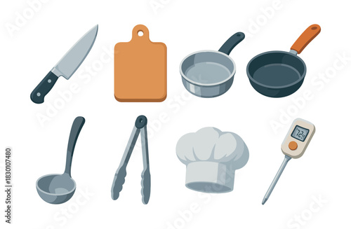 Kitchen utensils collection, chef hat, cutting board, flat vector illustration