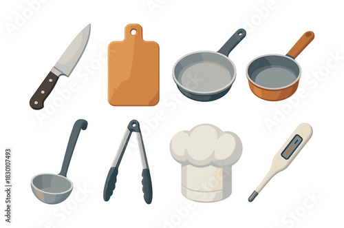 Kitchen utensils vector illustration, flat vector style with cookware and chef hat