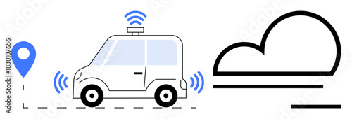 Self-driving car emitting wireless signals near map pin and cloud icon, symbolizing smart tech, navigation, IoT, AI, transportation, innovation, and future mobility in a simple flat metaphor