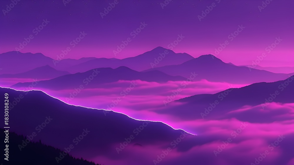 Obraz premium Purple Mountain Landscape with Misty Clouds and Night Sky