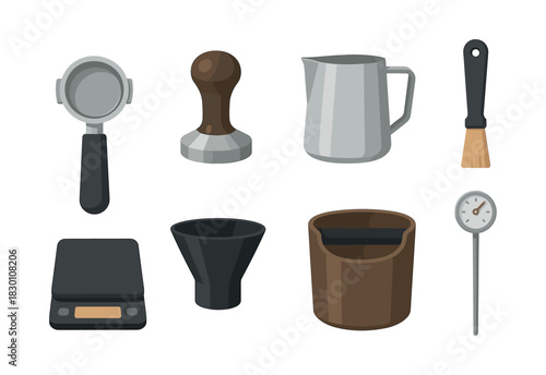 Coffee barista tools, flat vector illustration, espresso equipment, brewing essentials