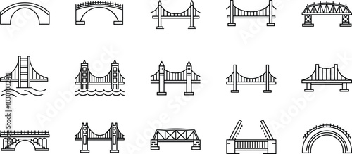 Set of Bridge Architecture Line Icons Showing Suspension, Arch, Truss, Drawbridge, Infrastructure, Construction, Engineering, and Transportation Symbols