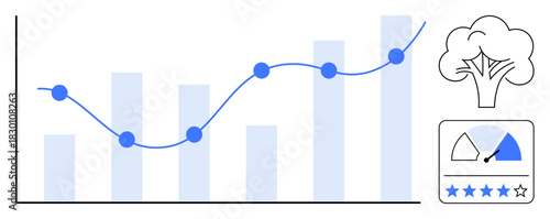 Data analysis. Data charts showing growth trends and performance metrics. Data elements include sustainability and efficiency indicators. For business analytics, sustainability, growth tracking