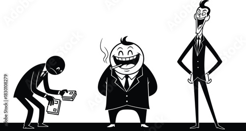 Set of Businessmen Characters Showing Corporate Hierarchy, Corruption, Bribery, Boss, Subordinate, and Power Dynamics Stylized Vector Illustration