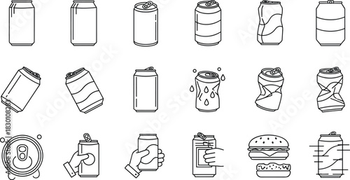 Set of Beverage Can Outline Icons Showing Full, Open, Crushed, Held, and Carbonated Soda Drink Containers for Recycling and Packaging Concepts