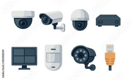Surveillance camera collection, security devices and monitors, flat vector illustration