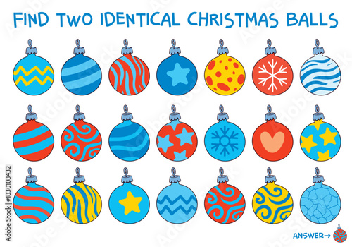 Find two identical Christmas balls puzzle for kids. Fun holiday activity with colorful ornaments. Educational winter game to develop attention and visual skills. Cartoon vector illustration. Spot it