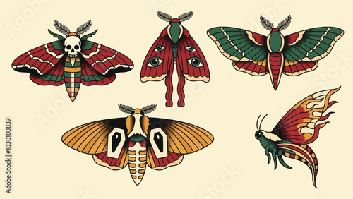 Traditional Tattoo Style Set of Moths and Butterflies Collection