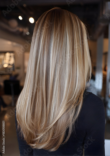 A close-up photo of a woman with brunette hair and bold blonde color-blocking highlights was taken at a modern hair salon. She is also wearing a long-sleeved top.