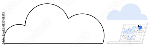 Cloud outline with a connected laptop displaying analytics and charts. Ideal for data analysis, cloud computing, online storage, connectivity, technology, business strategy, and digital