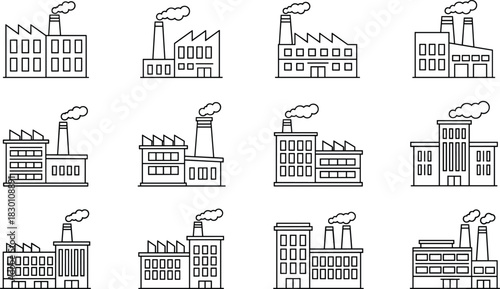 Set of Factory and Industrial Building Line Icons Showing Manufacturing, Production, Industry, Warehouse, Plant, and Smokestack Architecture Graphics