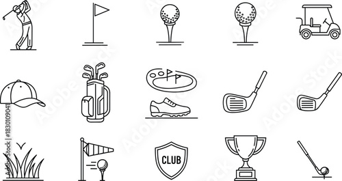 Set of Golf Sport and Leisure Line Icons Showing Player, Club, Ball, Tee, Flag, Cart, Grass, Shoe, and Championship Trophy Symbols