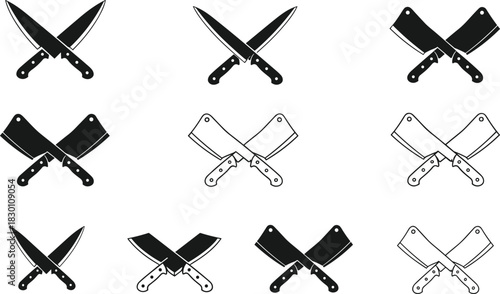 Set of Crossed Knife and Cleaver Icons in Solid and Outline Styles Representing Butcher Shop, Kitchen Tools, Cooking, Restaurant, and Meat Cutting Symbols