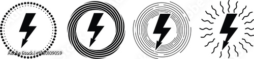 Lightning Bolt Icon Set in Circle Designs Showing Electrical Power, Voltage, Warning, Energy, Danger, Shock, and Electric Current Symbols