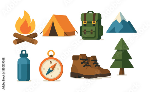 Camping equipment essentials, flat vector illustration, hiking and adventure gear