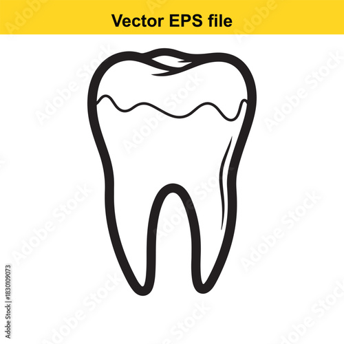 Simple black and white outline vector drawing of a molar tooth isolated on white background for dental or medical concept design
