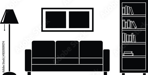 Living Room Interior Furniture Silhouette Vector Illustration Set Featuring Sofa, Lamp, Wall Art, and Bookshelf Graphic Design Element Template