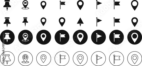 Large Set of Location Pin Icons and Map Markers Including Pushpin and Flag Symbols in Solid, Outline, and Black Circle Styles for Navigation