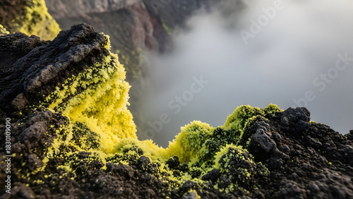 Macro detail of yellow sulfur crystals and dark rock on Gunung Kerinci Jambi crater rim