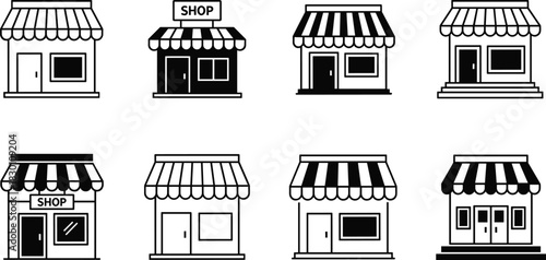 Set of Storefront Shop Icons with Striped Awnings, Showing Retail Business, Market, Shopping, Commerce, Line, and Solid Vector Symbols