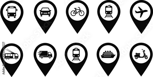 Set of Transportation Vehicle Location Pin Icons Including Bus, Car, Train, Airplane, Bicycle, Ship, and Delivery Truck Map Pointers