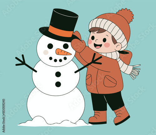 Smiling Child Adjusting Snowman Hat in Cozy Winter Wonderland Scene