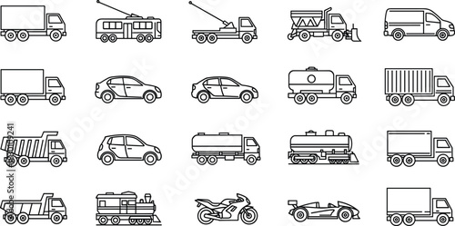 Large Set of Transportation Vehicle Line Icons Including Truck, Car, Tanker, Train, Trolleybus, Race Car, and Service Vehicle Outline Vectors