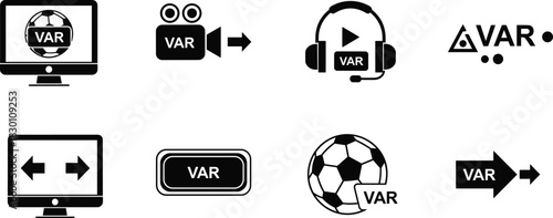Video Assistant Referee (VAR) Icon Set for Football/Soccer Decisions Showing Video Review, Monitor, Camera, Headset, and System Symbols