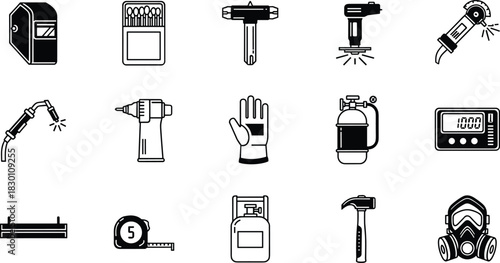 Welding and Construction Tool Icon Set Showing Safety Mask, Gas Tank, Hammer, Measuring Tape, Grinder, and Workshop Equipment Line Graphics