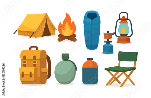 Camping gear essentials, flat vector illustration, hiking, outdoor adventure