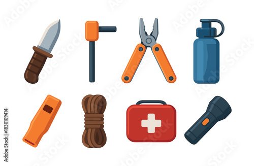 Camping tools and gear, flat vector illustration with knife, pliers, and flashlight
