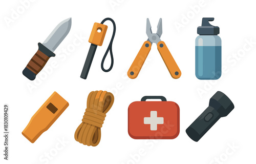 Camping gear essentials, flat vector illustration, survival tools, equipment icons
