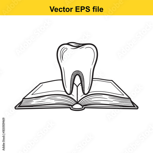 Black and white line art vector illustration of a molar tooth resting on an open book, symbolizing dental education, knowledge, or study, isolated on white background