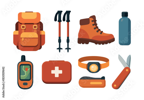 Hiking gear essentials, backpack, boots, flat vector illustration