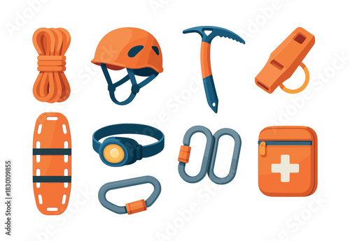Climbing gear essentials, flat vector illustration with helmet, rope, and carabiner