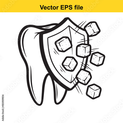 Black and white line art vector illustration of a tooth protected by a shield with ice cubes or mineral blocks symbolizing dental care, protection, and strength, isolated on white background