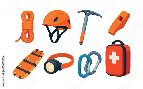 Mountain climbing gear, flat vector illustration, rescue equipment, safety tools