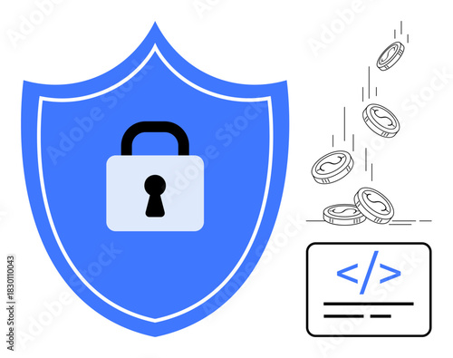 Blue shield with a lock, coins falling, and a code snippet emphasizing cybersecurity, software development, and financial protection. Ideal for privacy, encryption, fintech, online safety coding