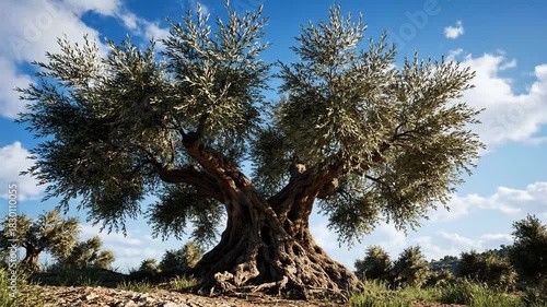 Ancient Gnarled Olive Tree Stands Tall in Sunlit Field Under a Bright Blue Sky with Scattered Clouds