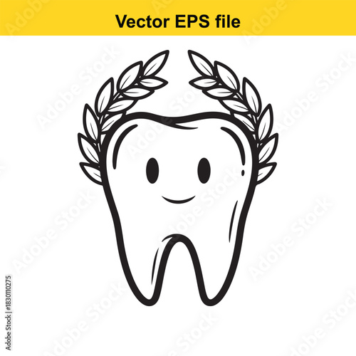 Cute cartoon molar tooth character wearing a laurel wreath, representing dental health award or achievement, isolated on white background