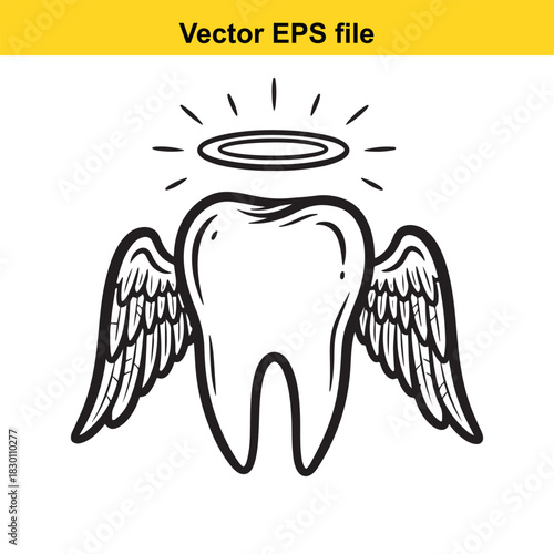 Black and white vector illustration of a cartoon molar tooth with angel wings and a halo, representing a perfect or healthy tooth, isolated on white background