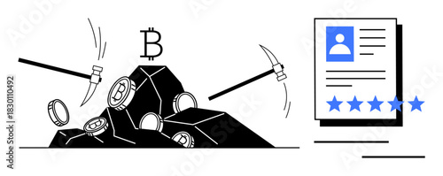 Mining tools extracting cryptocurrency symbols from rocks alongside a digital ID profile with user rating. Ideal for blockchain, cryptocurrency, mining, identity verification, security, fintech, data
