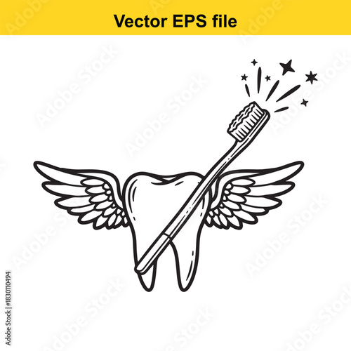 Black and white vector line art illustration of a tooth with wings holding a sparkling toothbrush, isolated on white background