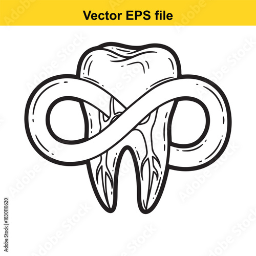 Hand drawn black and white vector illustration of a human molar tooth wrapped with an infinity symbol, isolated on white background