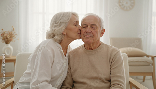 Loving senior wife kissing cheek of calm husband sitting on beige sofa in bright living room representing silver years companionship