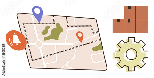 Map with route, location pins, and notification bell alongside gear and boxes indicating logistics, planning, shipping, delivery, management, tracking operations and supply chain. Modern flat