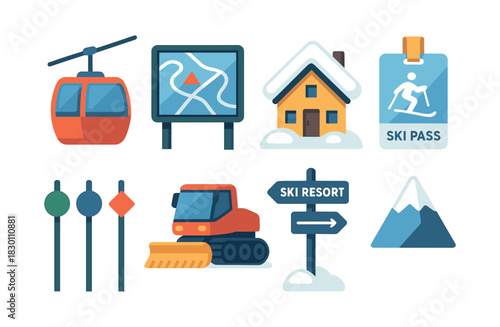 Ski resort elements, ski lift, snow, flat vector illustration, winter scene