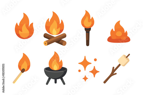 Flame and fire elements, campfire, torch, flat vector illustration, spark design