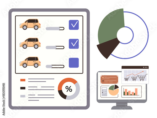 Cars with ranking and selection bars, pie chart, analytics on monitor with graphs and tables. Ideal for automotive management, data analysis, decision-making, business growth, technology, and fleet